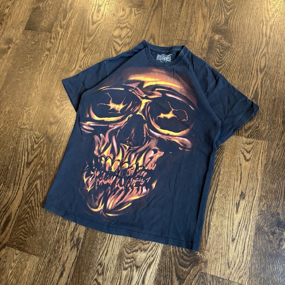 MMA Elite Flaming Skull T-Shirt Mens Large Black Y2K Grunge Skater Graphic Tee